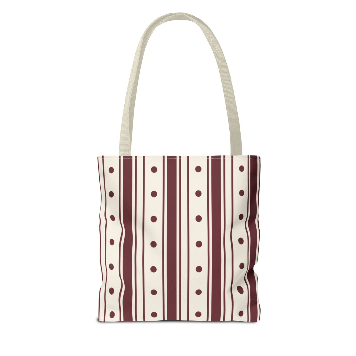Burgundy polka dot striped tote bag with beige handles, front view on white background