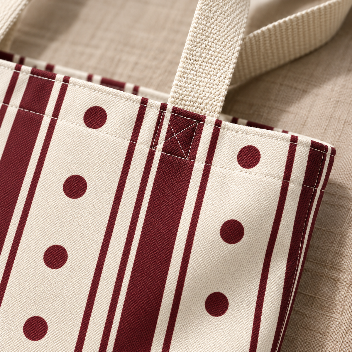 Close-up of the burgundy dots and stripes on cream and the beige handle of the polka dot striped tote bag