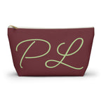 Burgundy sage green monogram personalized makeup bag with script initials PL, front view