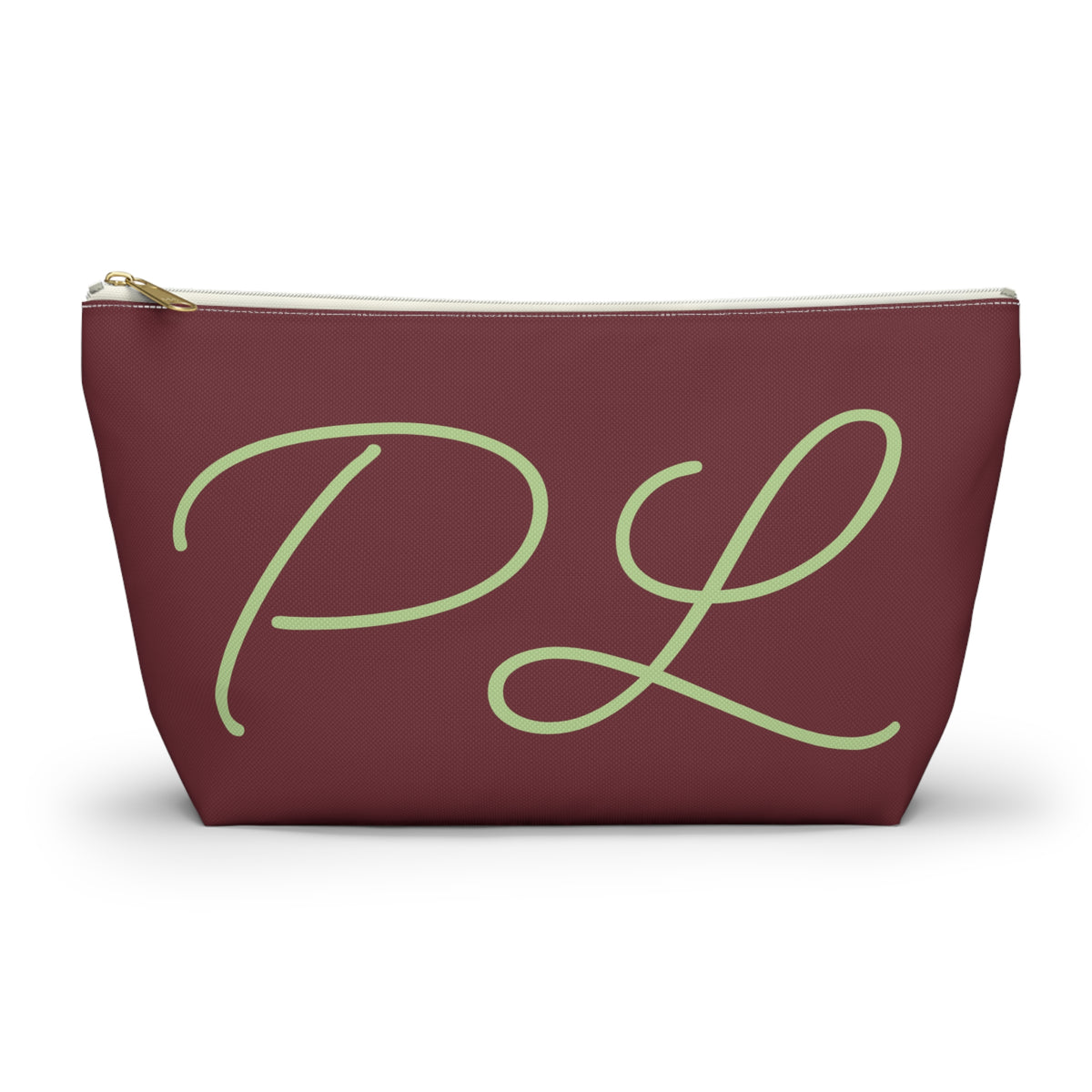 Burgundy sage green monogram personalized makeup bag with script initials PL, front view