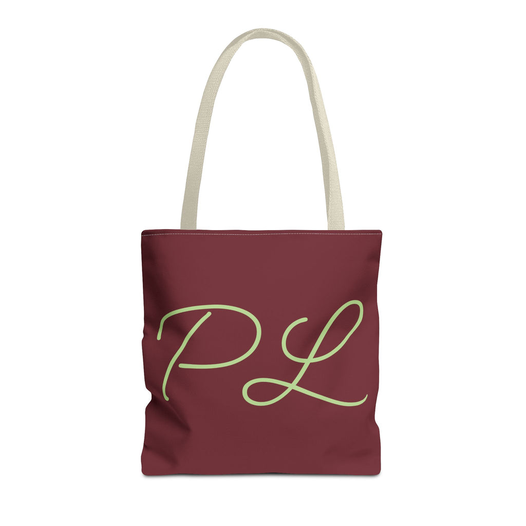 Burgundy sage green monogram personalized tote bag with script initials PL, front view