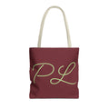 Burgundy sage green monogram personalized tote bag with script initials PL, front view