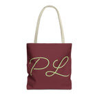 Burgundy sage green monogram personalized tote bag with script initials PL, front view