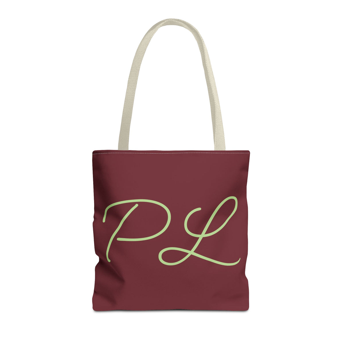 Burgundy sage green monogram personalized tote bag with script initials PL, front view