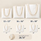 Size chart of the personalized monogram tote bag in three sizes