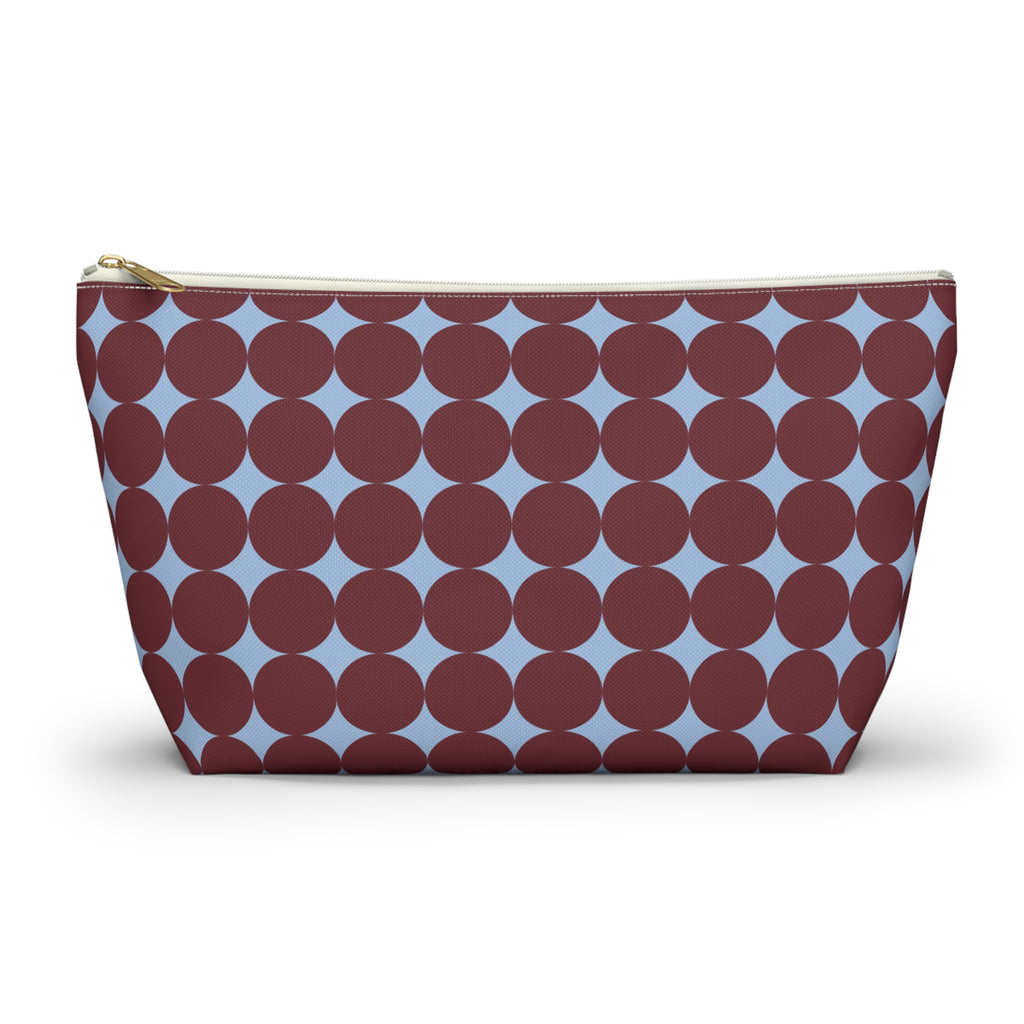 Burgundy Sky Blue Geometric makeup bag with T-bottom and gold zipper pull, front view
