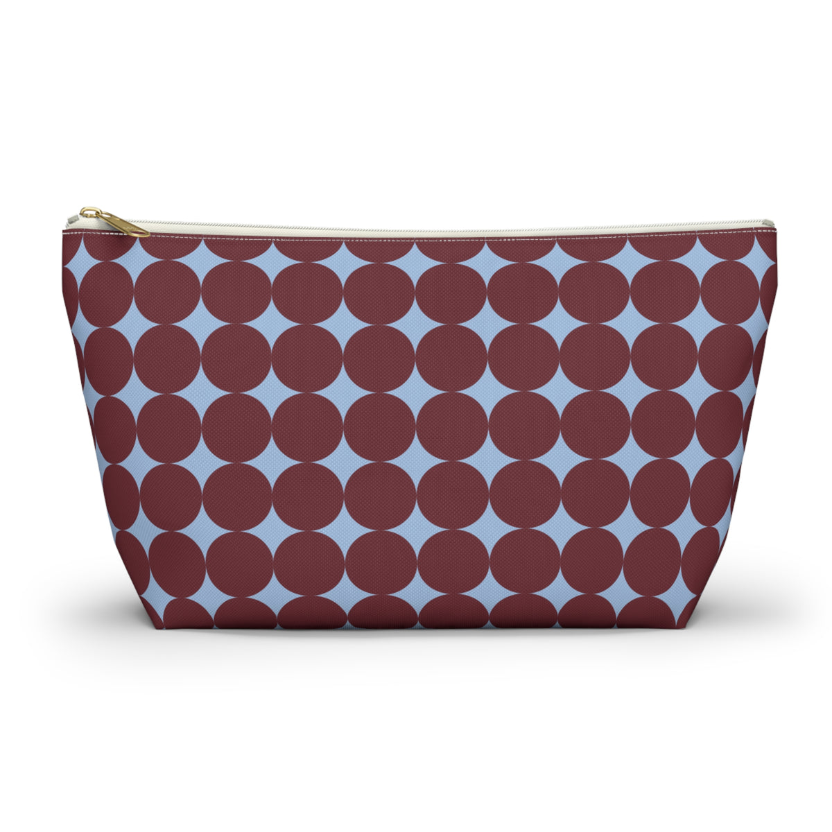 Burgundy Sky Blue Geometric makeup bag with T-bottom and gold zipper pull, front view