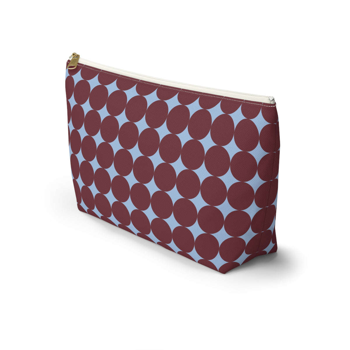 Side view of the Burgundy Sky Blue Geometric makeup bag