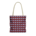 Burgundy Sky Blue Geometric tote bag with cream handles, front view on white