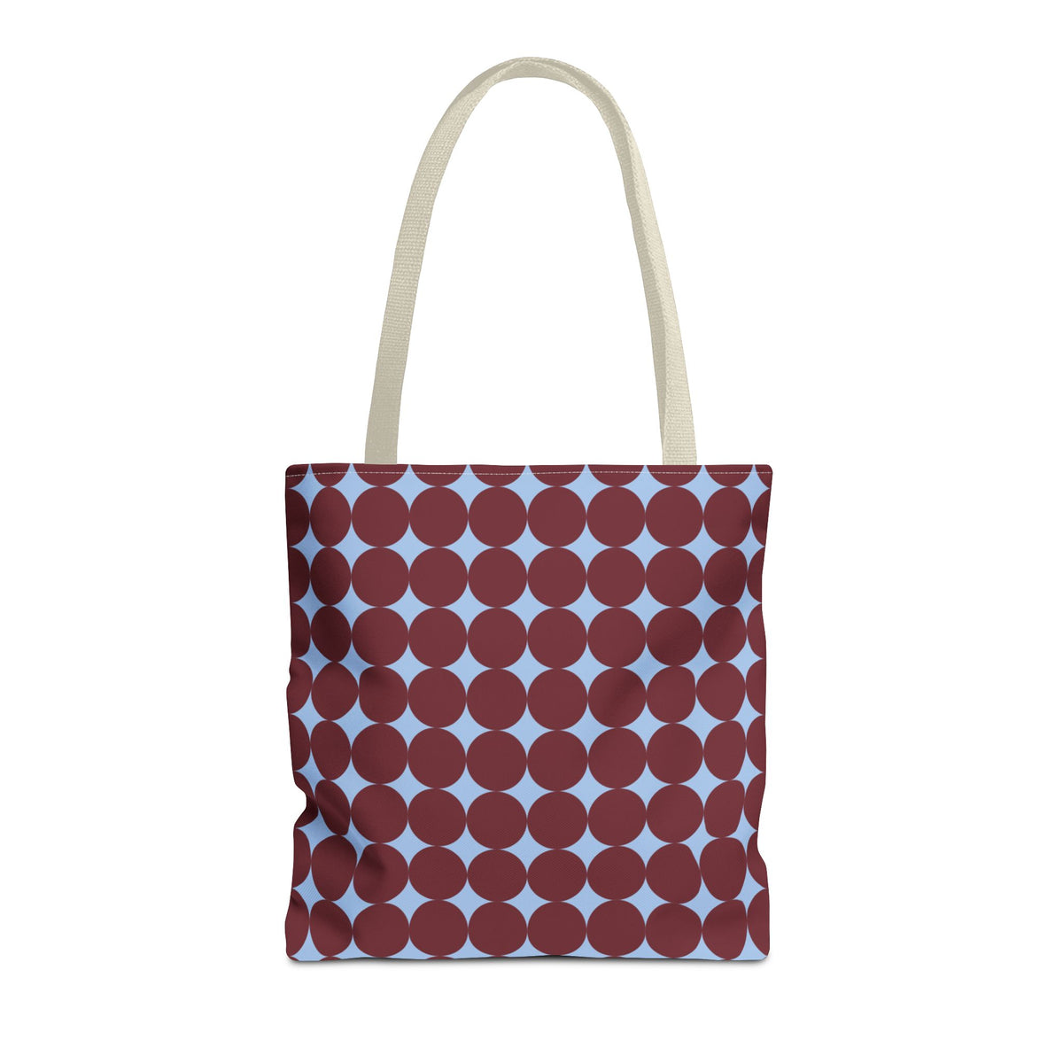 Burgundy Sky Blue Geometric tote bag with cream handles, front view on white