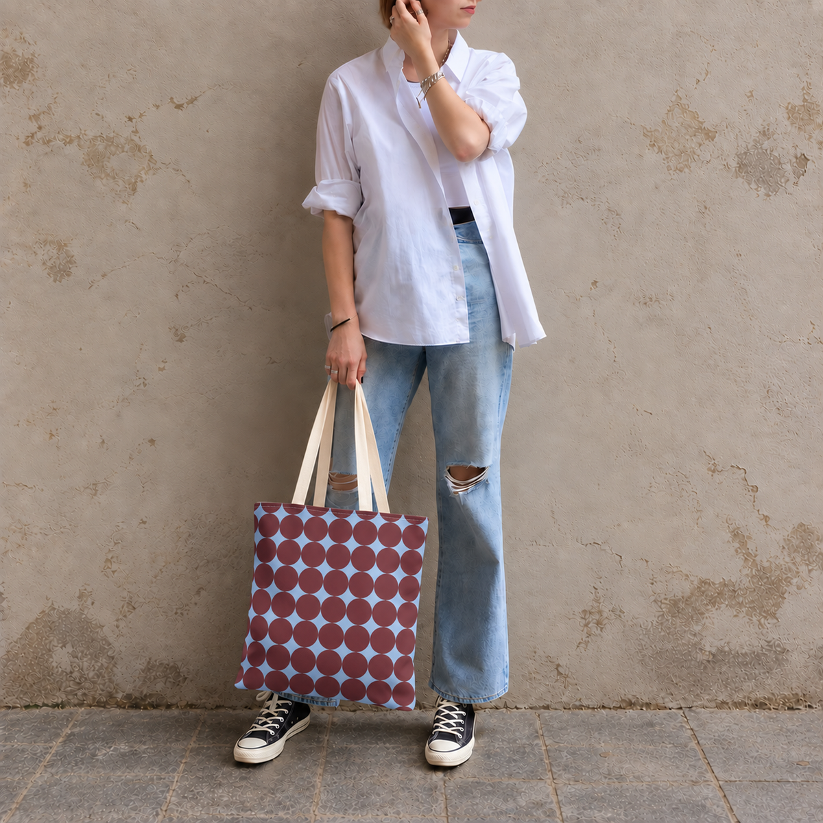 Full-length model photo with the Burgundy Sky Blue Geometric tote bag against a wall