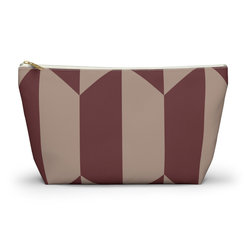 Burgundy taupe geometric makeup bag with gold zipper pull, front view