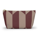 Burgundy taupe geometric makeup bag with gold zipper pull, front view
