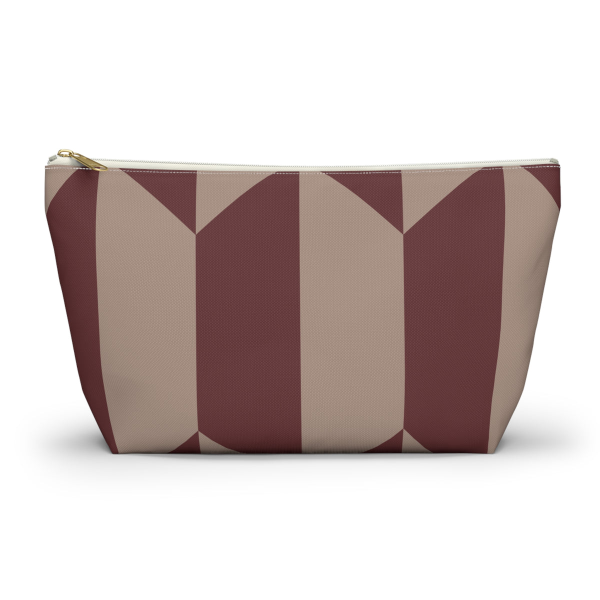Burgundy taupe geometric makeup bag with gold zipper pull, front view