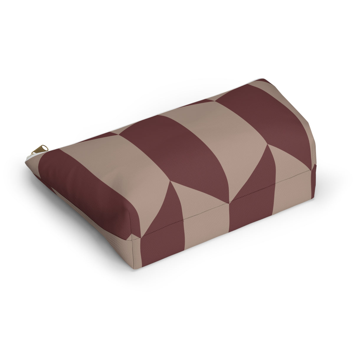 Burgundy taupe geometric makeup bag lying on its side in an angled view
