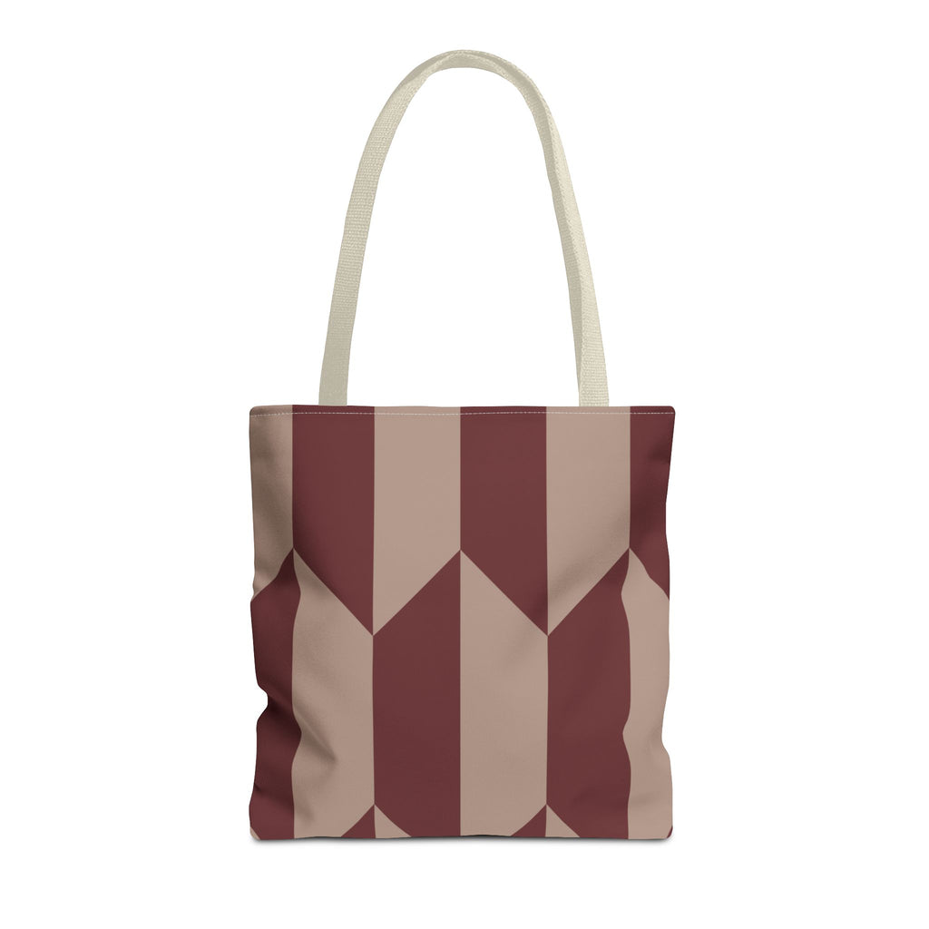 Burgundy taupe geometric tote bag with beige handles, front view on white background