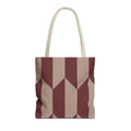 Burgundy taupe geometric tote bag with beige handles, front view on white background