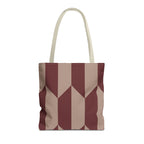 Burgundy taupe geometric tote bag with beige handles, front view on white background
