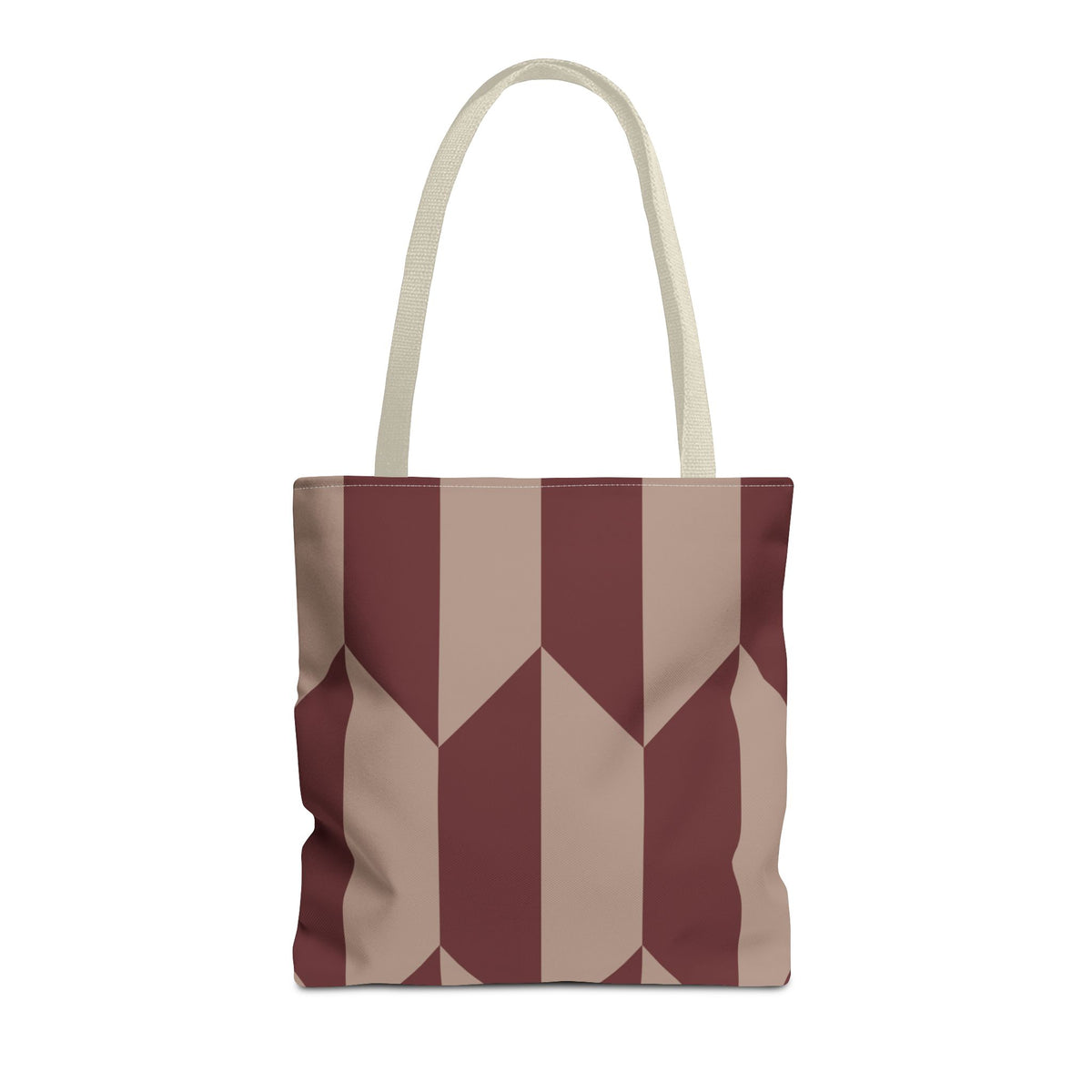 Burgundy taupe geometric tote bag with beige handles, front view on white background