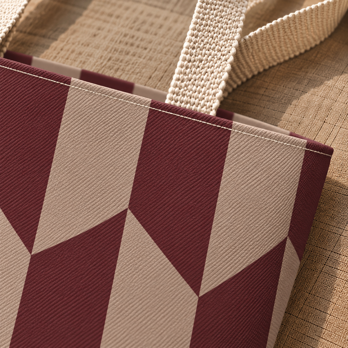 Close-up of the burgundy and taupe angled panels and beige handle on the tote bag