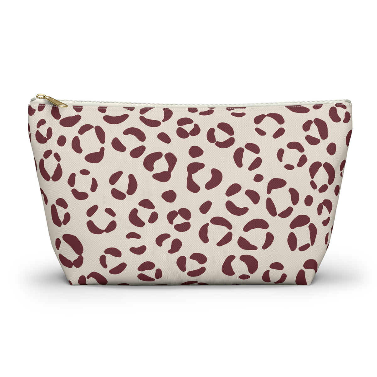 Cream Burgundy Leopard Print Makeup Bag with gold zipper, front packshot