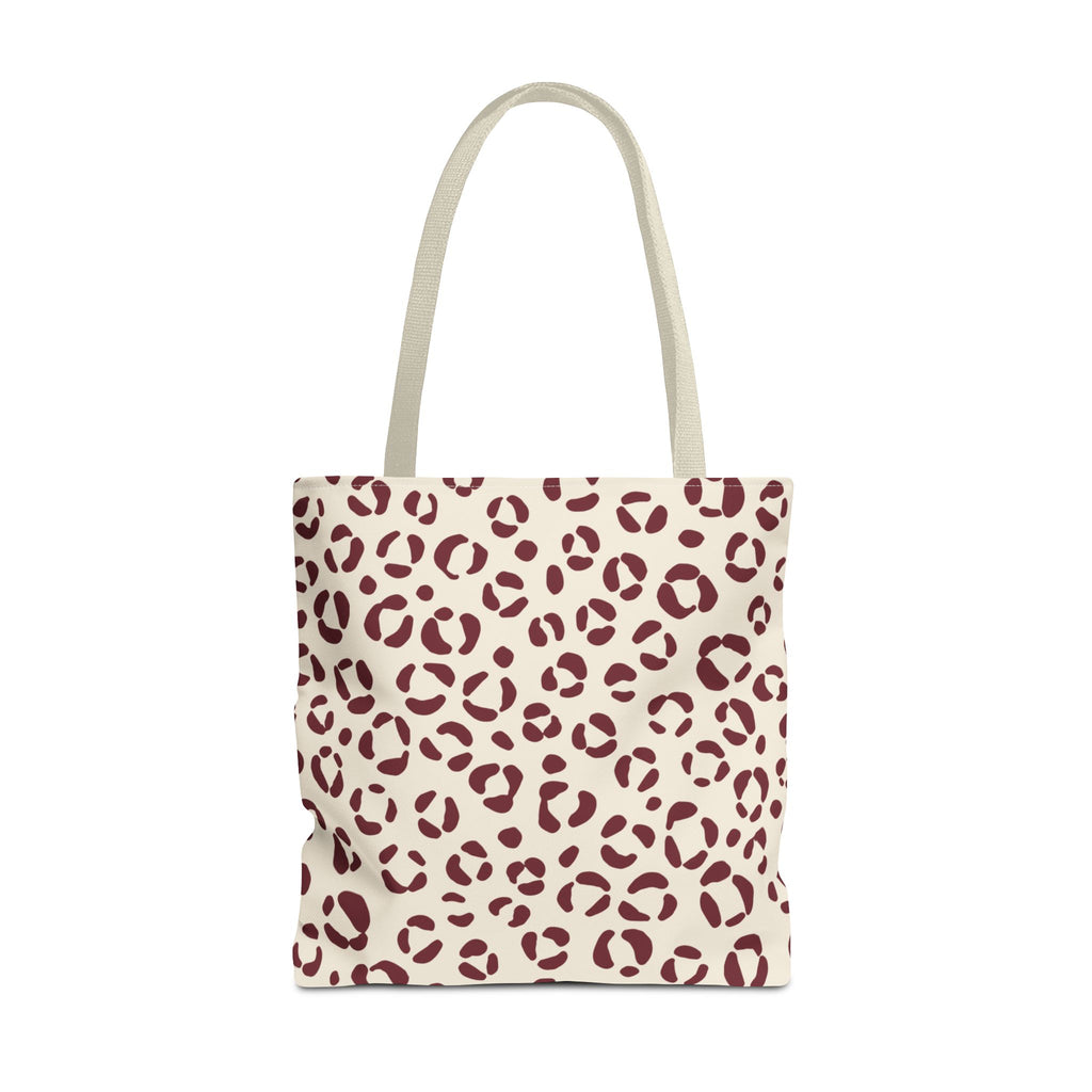 Cream Burgundy Leopard Print Tote Bag with cream handles, front packshot