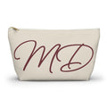 Cream burgundy monogram personalized makeup bag with script initials MD, front view