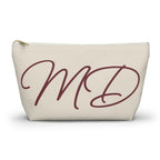 Cream burgundy monogram personalized makeup bag with script initials MD, front view