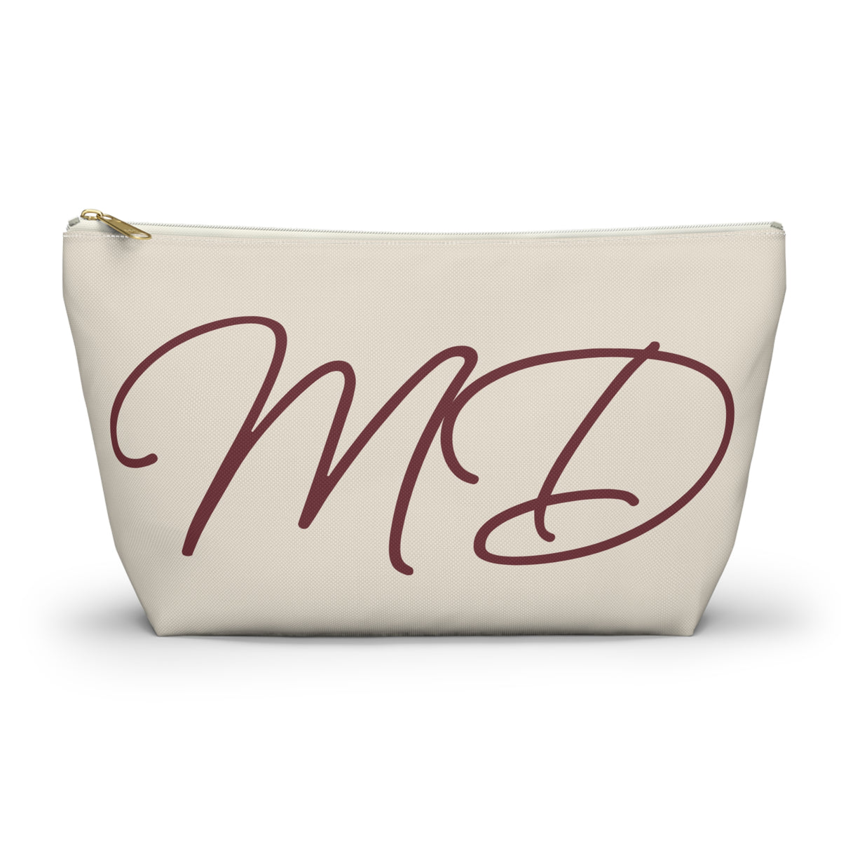 Cream burgundy monogram personalized makeup bag with script initials MD, front view