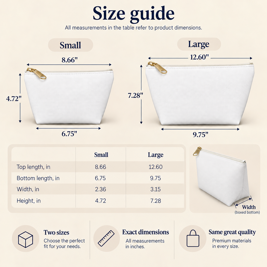 Size guide for the personalized makeup bag in small and large