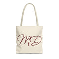 Cream burgundy monogram personalized tote bag with script initials MD, front view