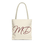 Cream burgundy monogram personalized tote bag with script initials MD, front view