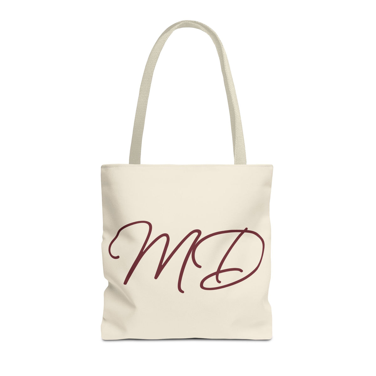 Cream burgundy monogram personalized tote bag with script initials MD, front view