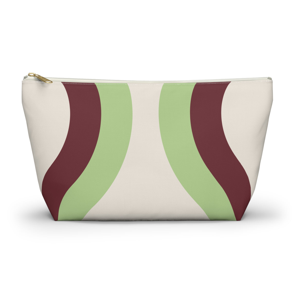 Cream Green Burgundy Wavy makeup bag front view with T-bottom