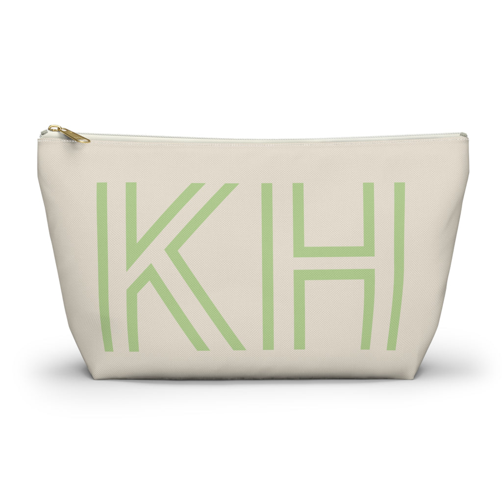 Cream Green Monogram personalized makeup bag front view with T-bottom