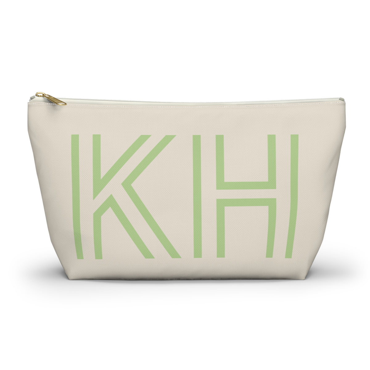 Cream Green Monogram personalized makeup bag front view with T-bottom