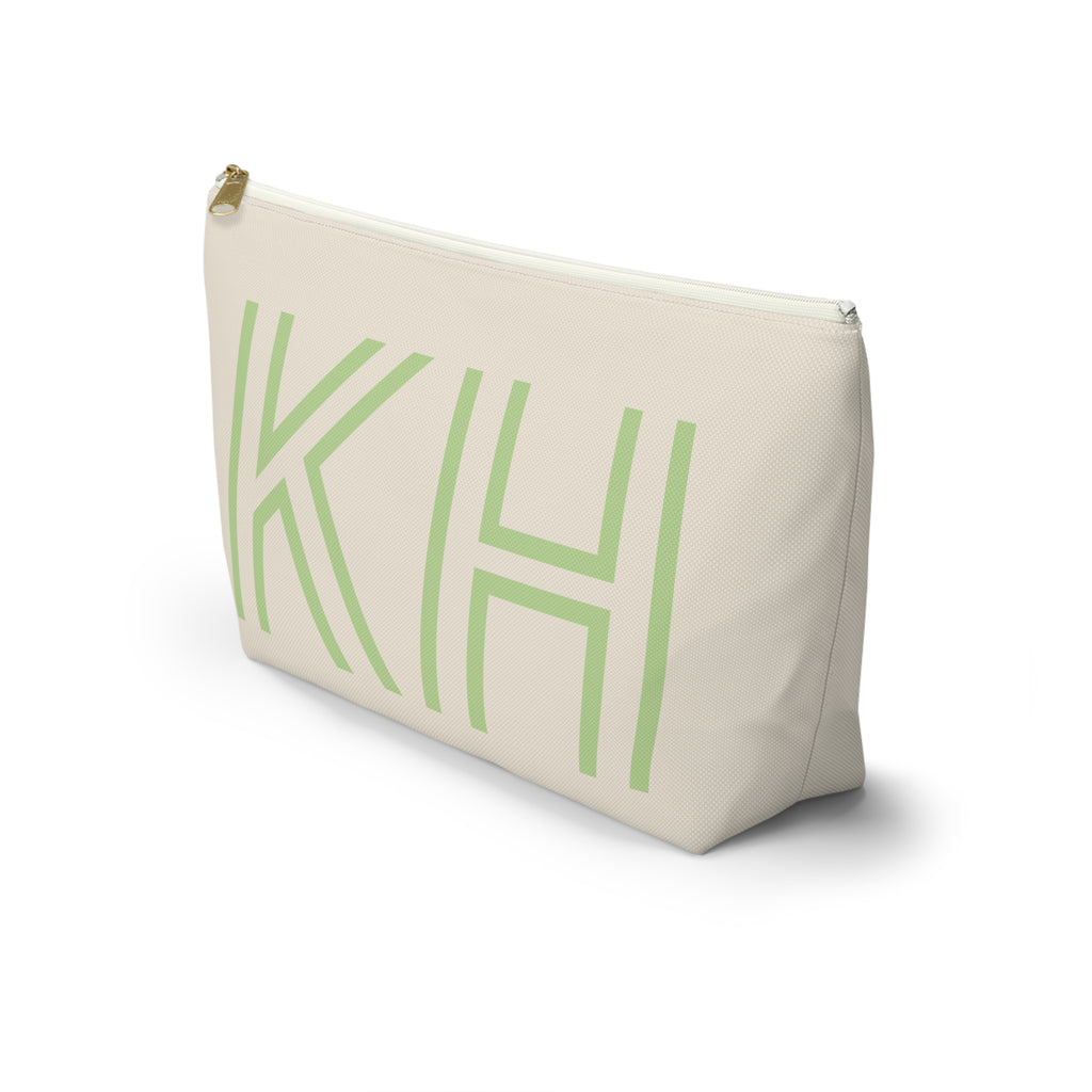 Side view of the Cream Green Monogram personalized makeup bag