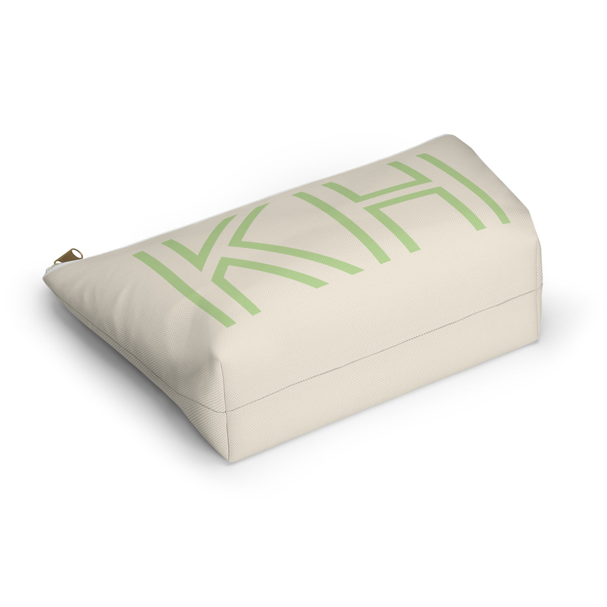 Cream Green Monogram personalized makeup bag shown at an angle