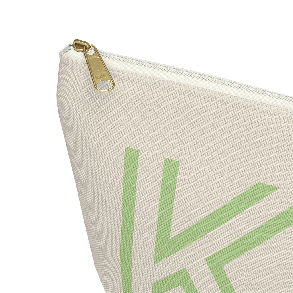 Close-up of the gold zipper pull on the Cream Green Monogram personalized makeup bag