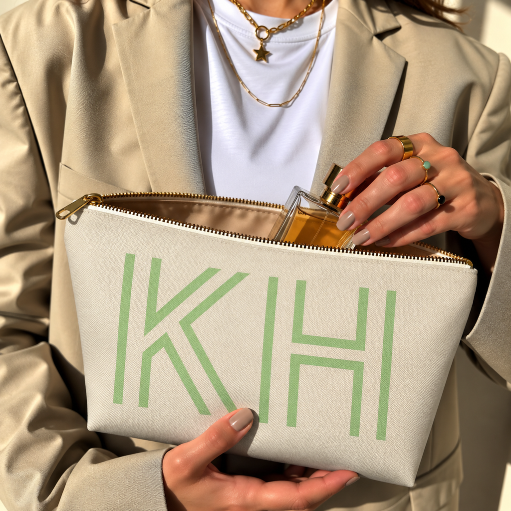 Hands holding the open Cream Green Monogram personalized makeup bag