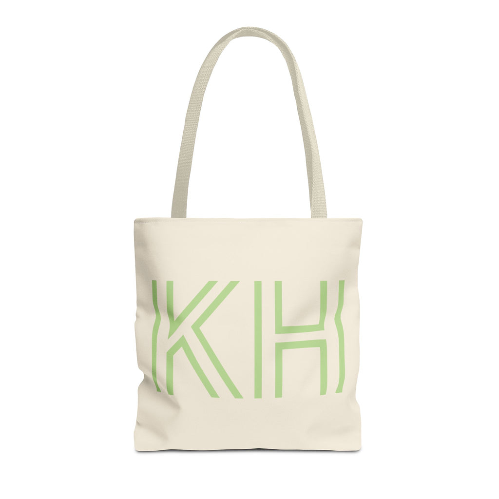 Cream Green Monogram personalized tote bag front view with cream handles