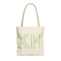 Cream Green Monogram personalized tote bag front view with cream handles