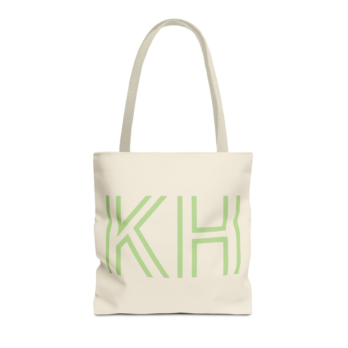 Cream Green Monogram personalized tote bag front view with cream handles