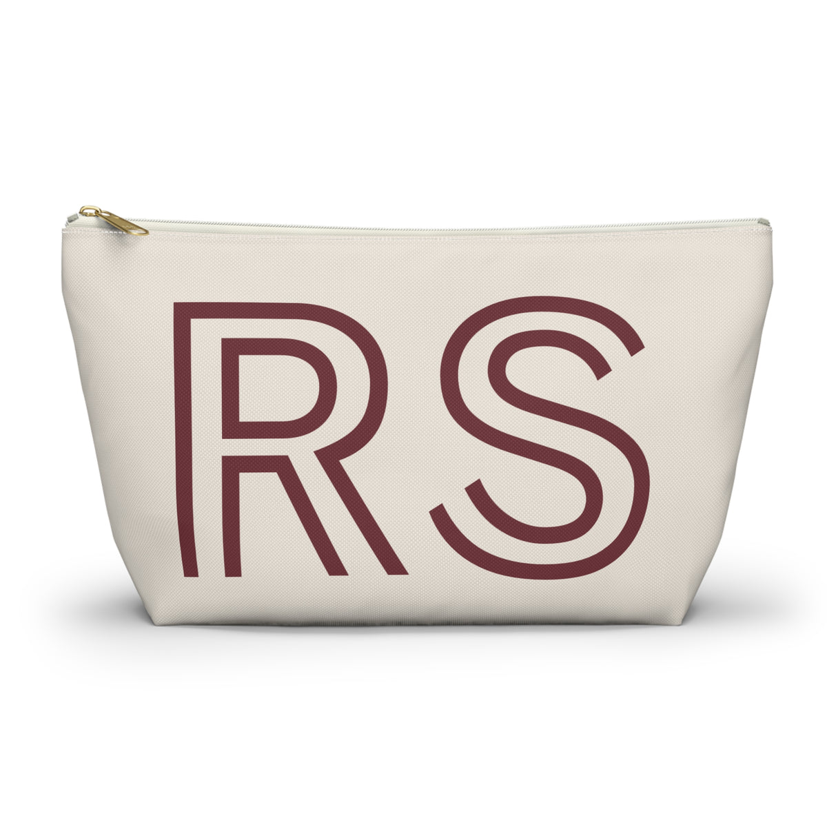 Cream personalized makeup bag with burgundy outlined RS initials and gold zipper pull