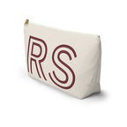 Side view of the cream RS monogram personalized makeup bag