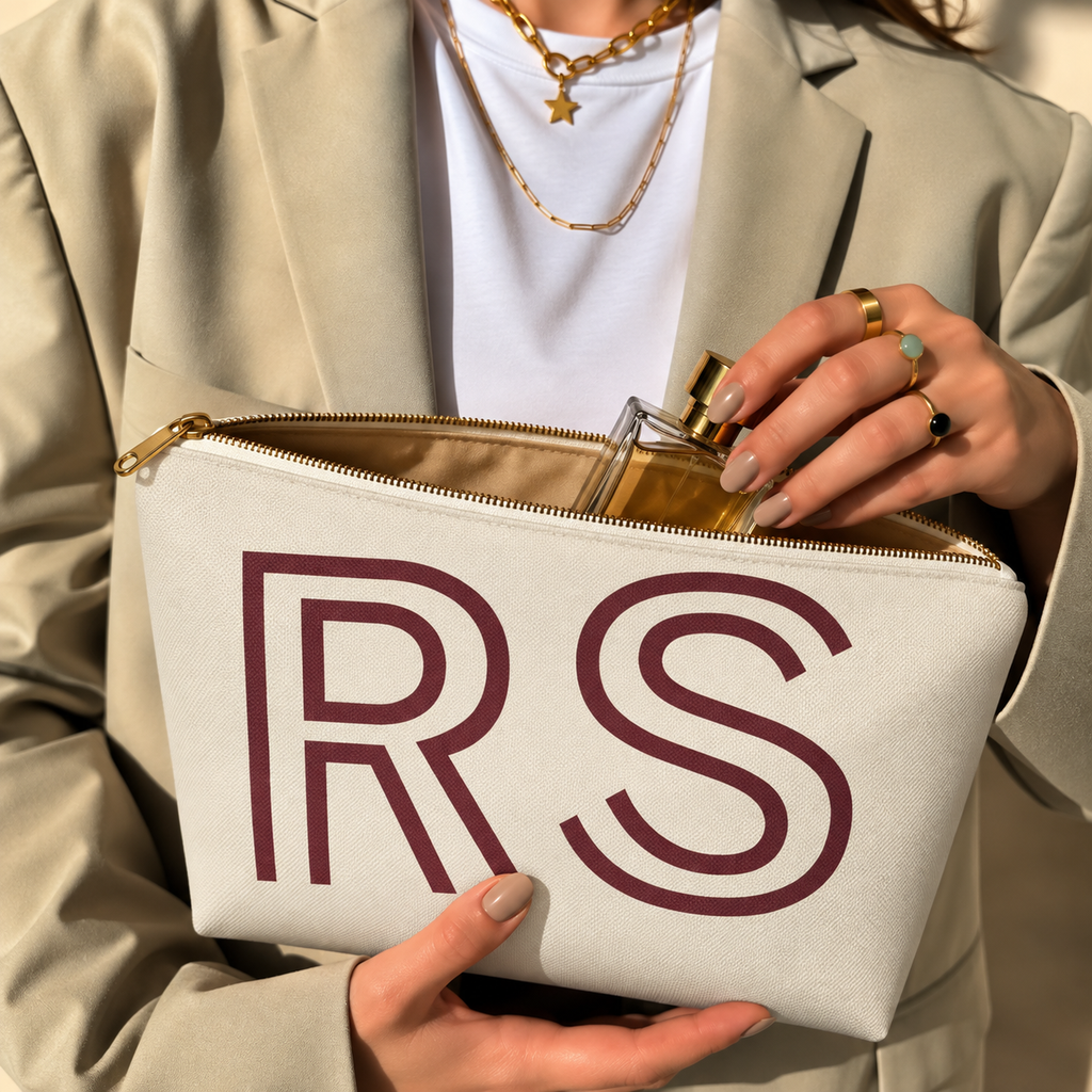 Hands holding the open cream RS personalized makeup bag