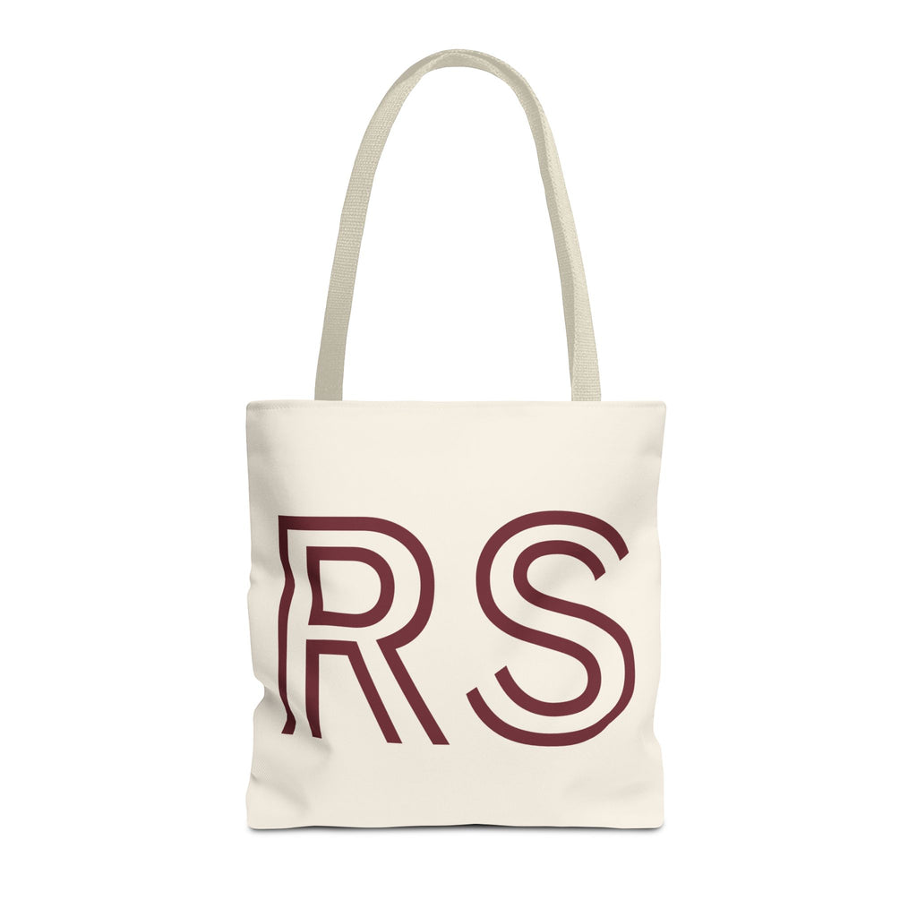 Cream personalized tote bag with burgundy outlined RS initials, front view