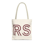 Cream personalized tote bag with burgundy outlined RS initials, front view