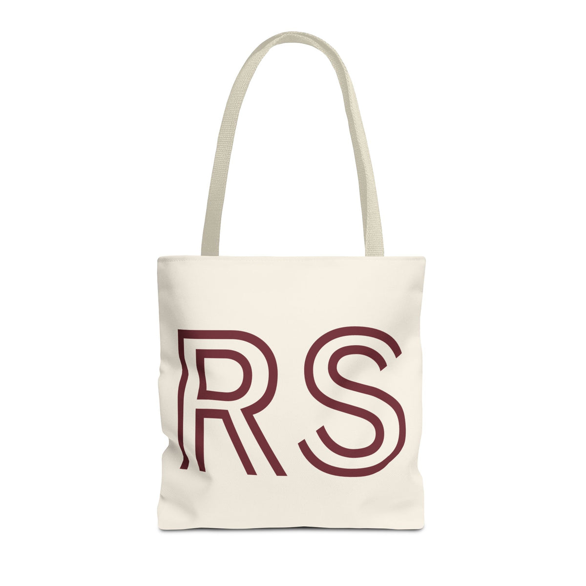 Cream personalized tote bag with burgundy outlined RS initials, front view
