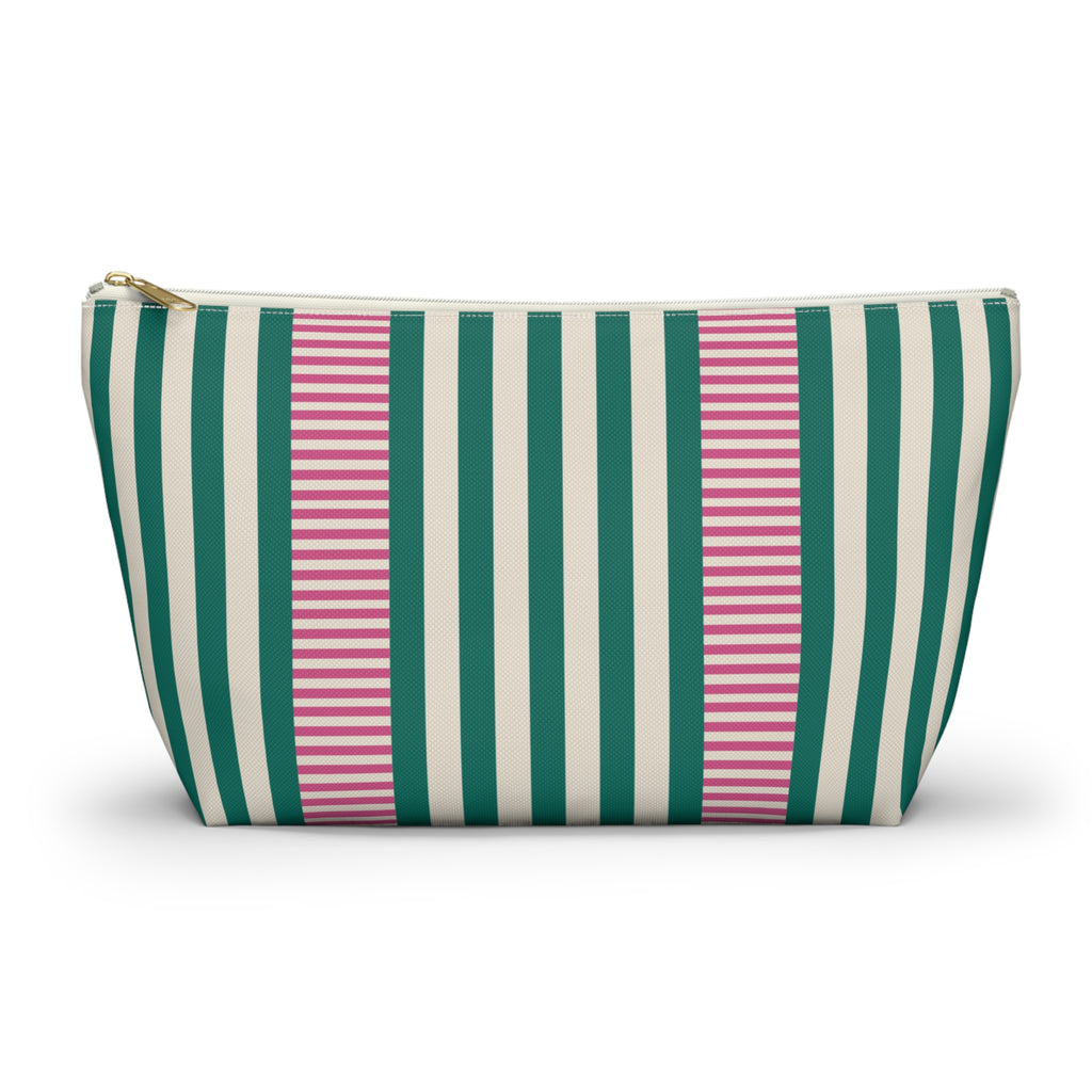 Emerald Green Pink Striped makeup bag with T-bottom and gold zipper pull, front view